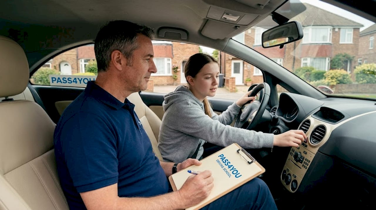 Driving instructor and learner preparing in parked car