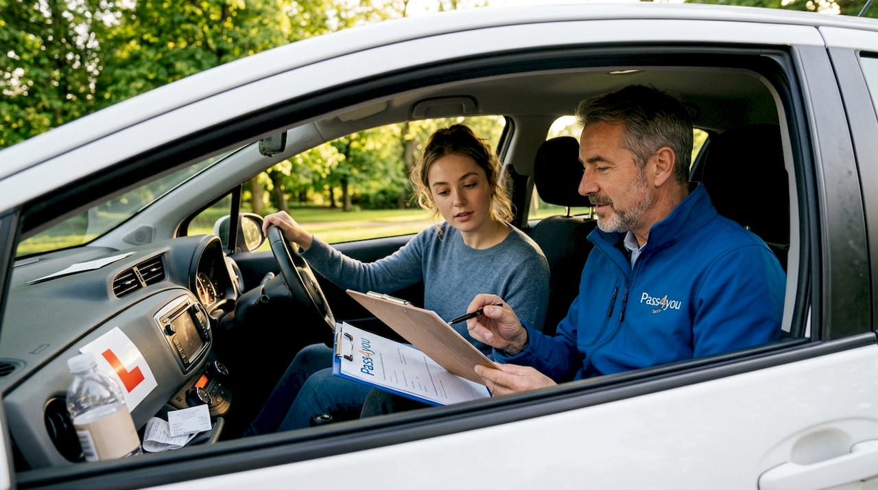 Learner driver with instructor during car lesson