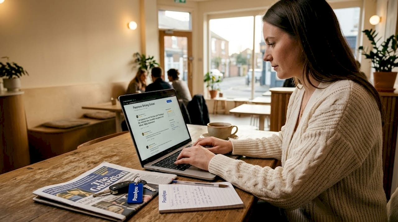 Woman writing driving school review at home