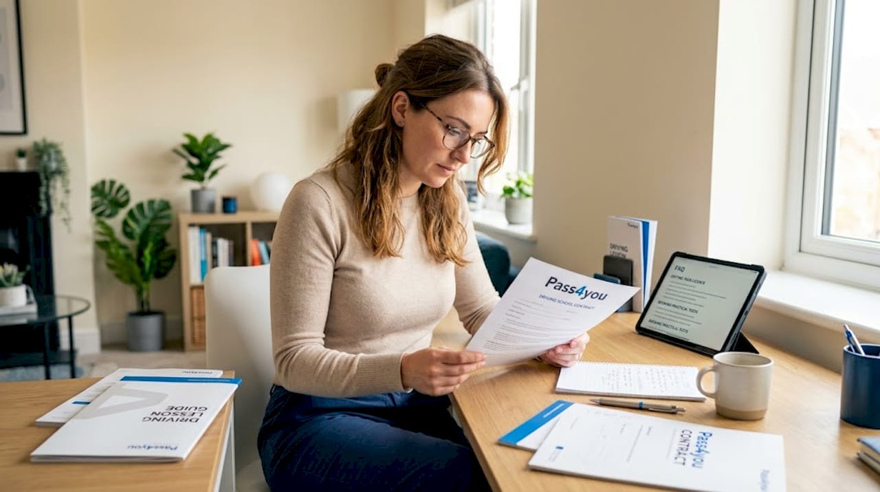 Young woman reviews driving school contract at table