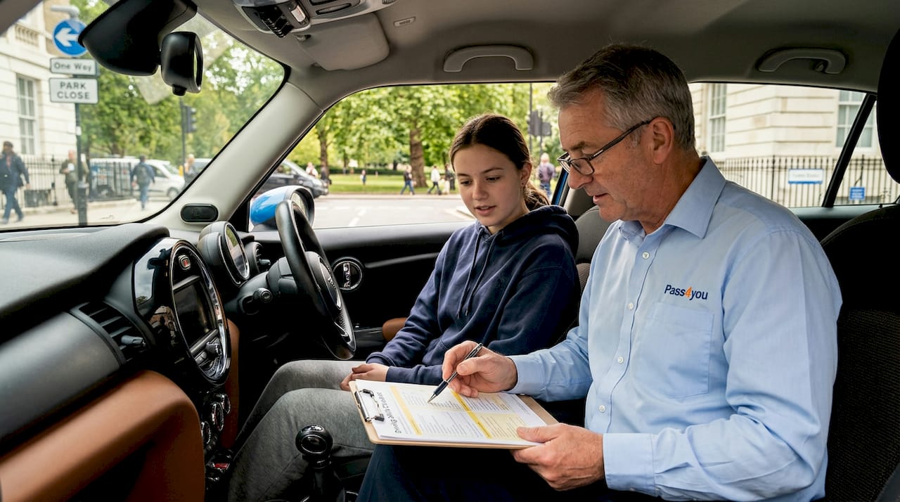 Driving instructor reviews lesson progress with learner