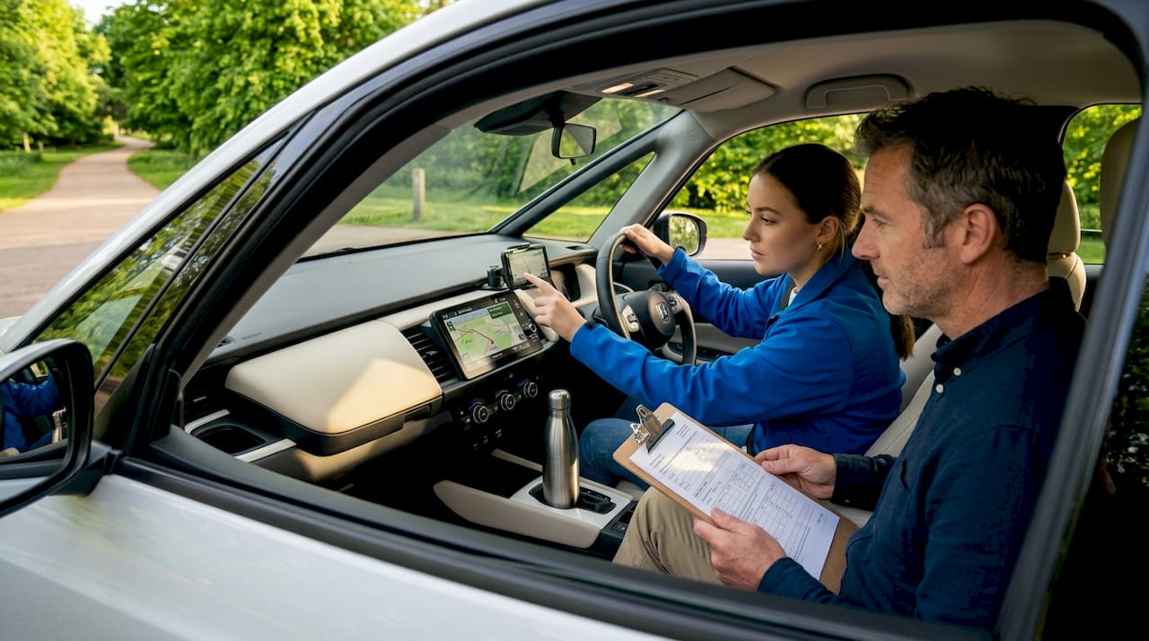 Learner driver and examiner in test car with sat nav