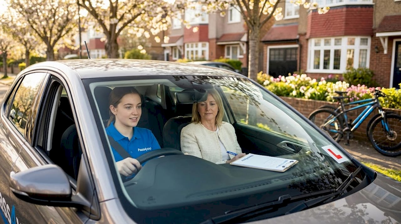 Instructor guiding learner on residential street