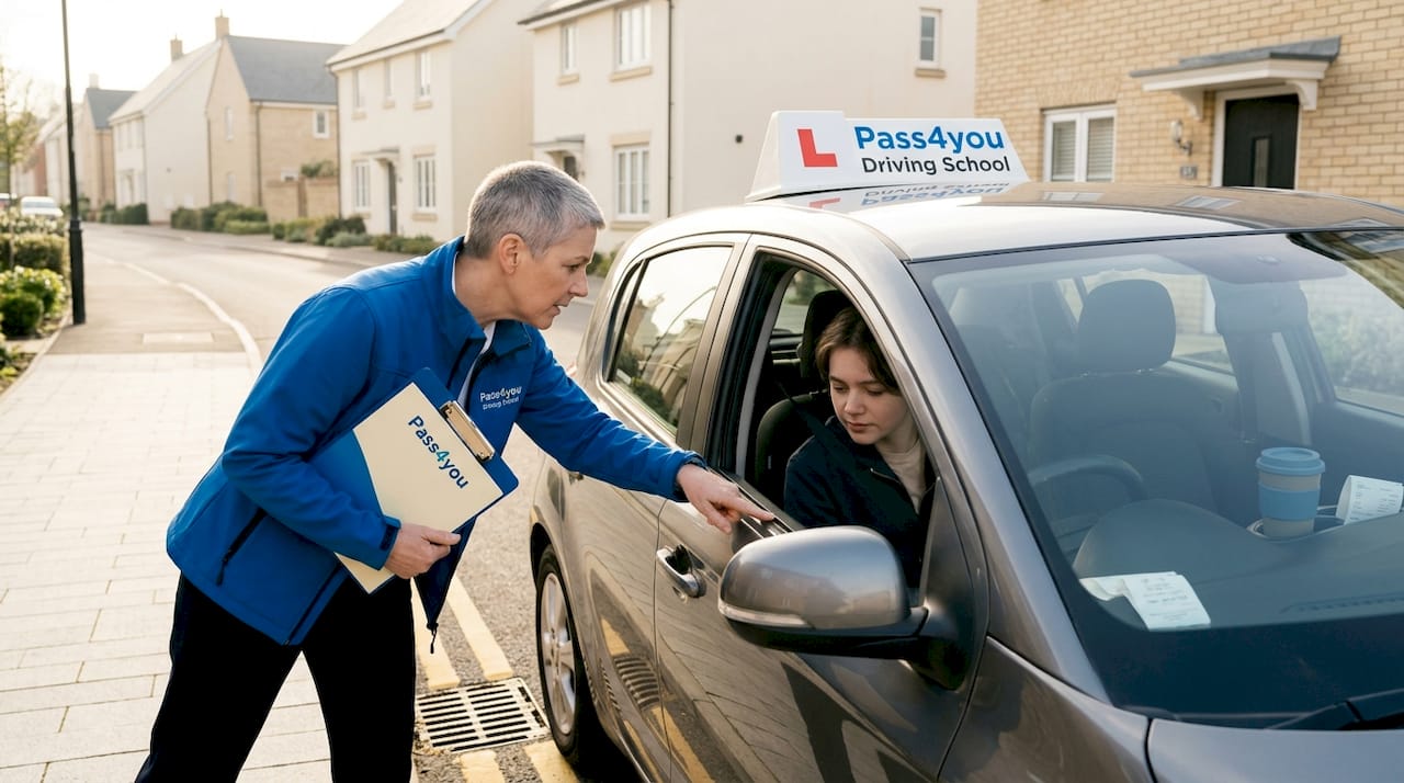 Driving lesson in progress with learner and instructor