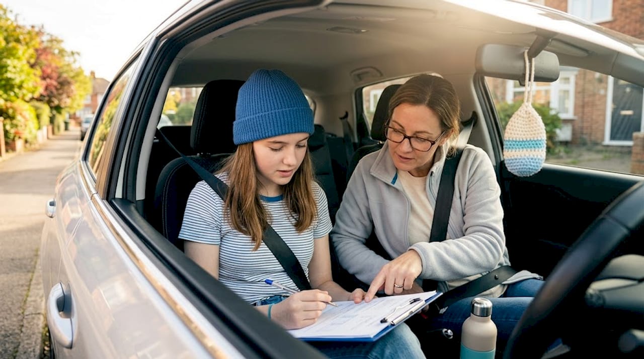 Learner and parent reviewing insurance in parked car