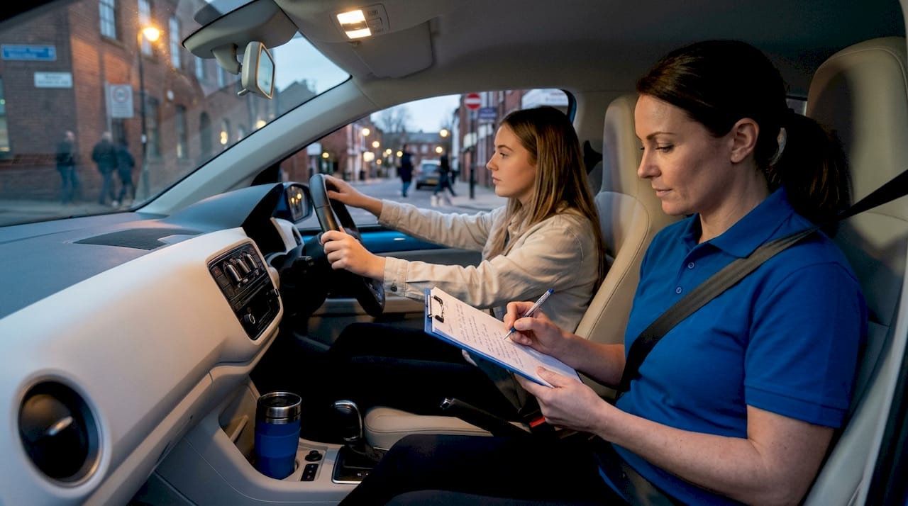 Driving instructor preparing night lesson in car