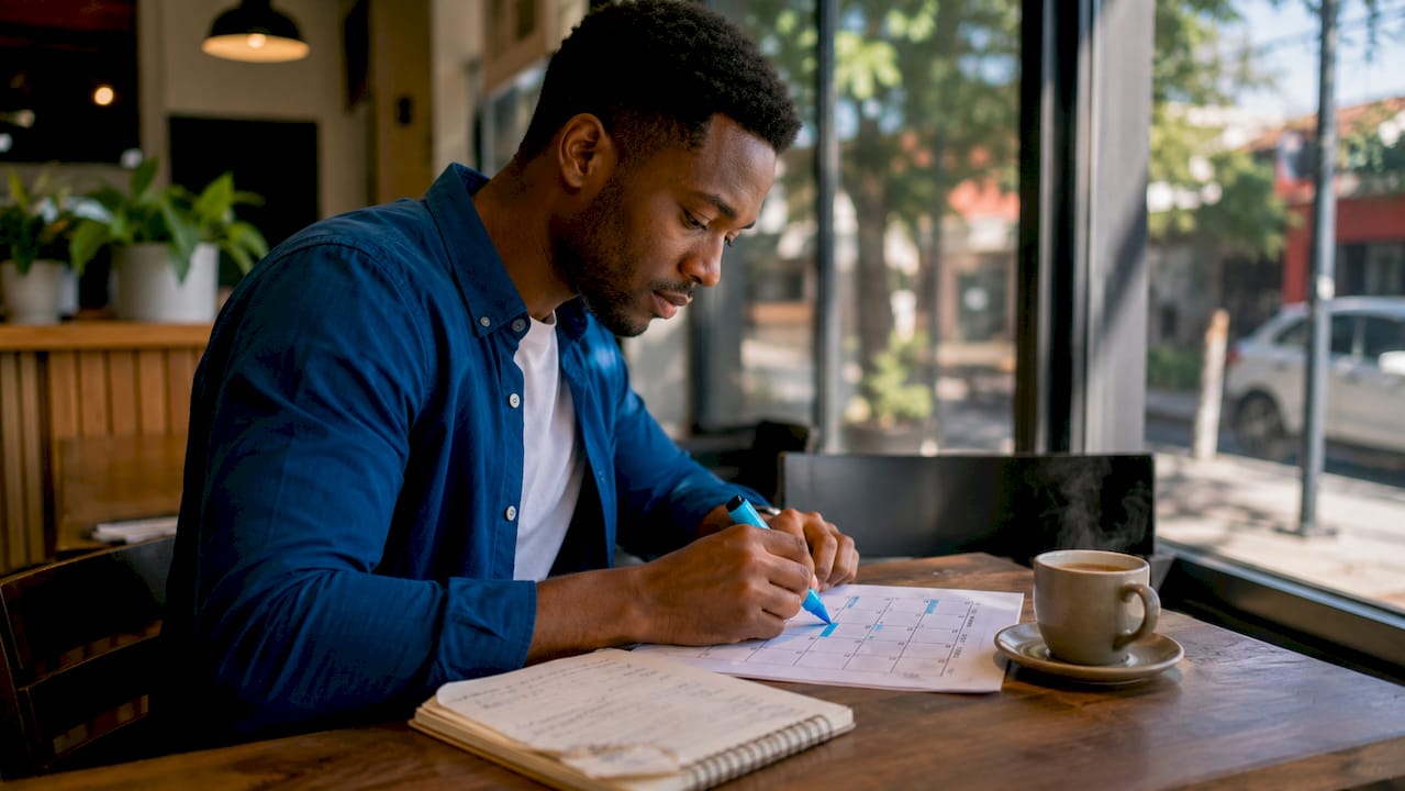 Man scheduling driving lessons at home desk